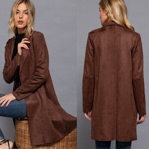 Active USA Brown Long Sleeve Open Front Big Collar Side Pocket Faux Suede Jacket